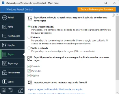 Captura de tela demonstrativa do Windows Firewall Control mostrando seu menu 