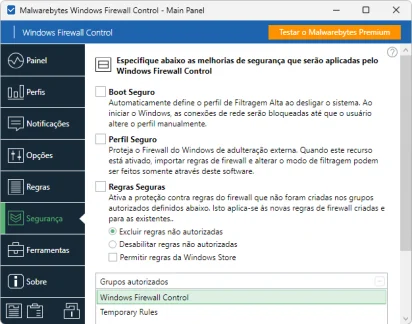 Captura de tela demonstrativa do Windows Firewall Control mostrando seu menu 