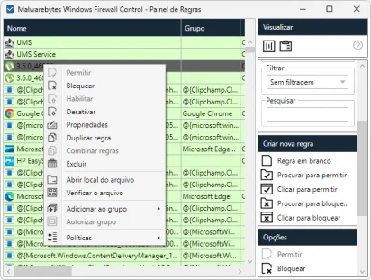 Captura de tela demonstrativa do Windows Firewall Control mostrando seu 