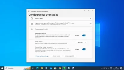 Menu de confiurações avançadas do WSA no Windows 10. Ele mostra as opções de 