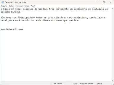 Captura de tela demonstrativa do bloco de notas clássico do Windows. Nesta captura há um texto demonstrativo escrito pelo Baixesoft.