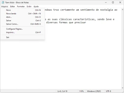 Captura de tela demonstrativa do bloco de notas clássico do Windows mostrando suas opções para o menu 