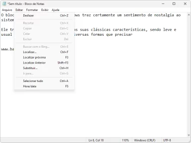 Captura de tela demonstrativa do bloco de notas clássico do Windows mostrando suas opções para o menu 
