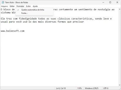 Captura de tela demonstrativa do bloco de notas clássico do Windows mostrando suas opções para o menu 