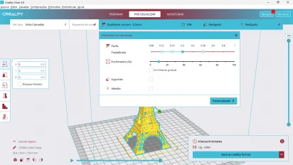 Captura de tela demonstrativa do Creality Slicer mostrando uma de suas telas de definição de impressão com opções de perfis e de enchimento.