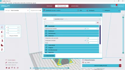 Captura de tela demonstrativa do Creality Slicer mostrando sua tela de definições de impressão com algumas opções disponíveis, como qualidade, temperatura de impressão e fluxo.
