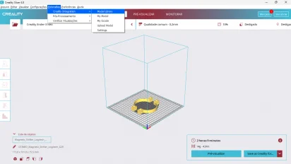 Captura de tela demonstrativa do Creality Slicer mostrando um modelo 3d carregado, o modelo é um exemplo de um Shifter magnético para volantes logitech. A captura tem o destaque para o menu 