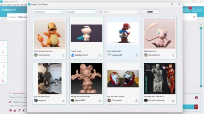 Captura de tela demonstrativa do Creality Slicer mostrando sua tela de modelos 3D. A janela aberta mostra vários modelos disponíveis que podem ser baixados, entre eles há pokémons como Charmander e Mew, modelos do homem de ferro, do homem aranha, entre outros.