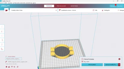 Captura de tela demonstrativa do Creality Slicer mostrando um modelo 3d carregado, o modelo é um exemplo de um Shifter magnético para volantes logitech.